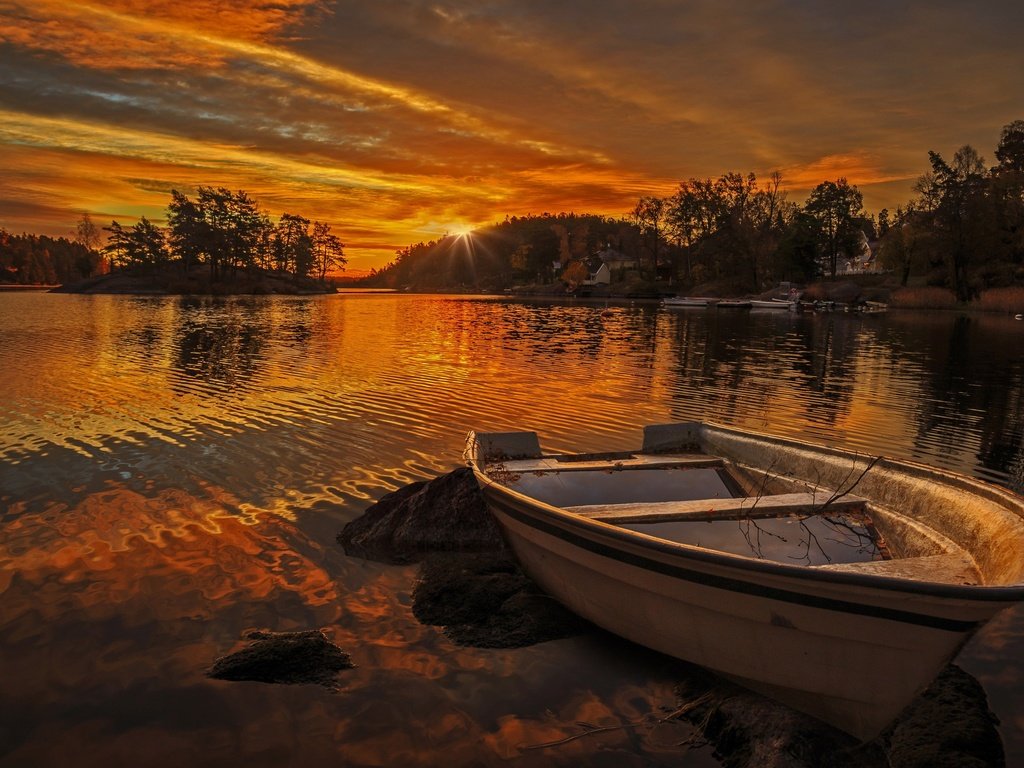 Обои небо, на, деревья, озеро, природа, камни, закат, пейзаж, лодка, the sky, on, trees, lake, nature, stones, sunset, landscape, boat разрешение 2560x1706 Загрузить