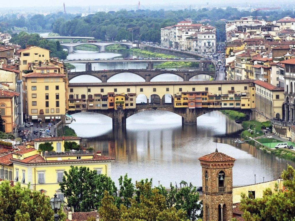 Обои деревья, река, город, италия, флоренция, мосты, trees, river, the city, italy, florence, bridges разрешение 1920x1080 Загрузить