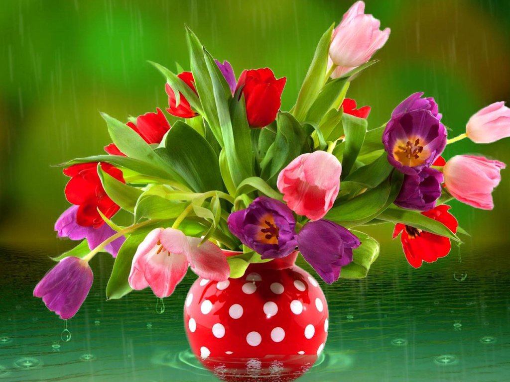 Обои цветы, вода, дождь, тюльпаны, ваза, flowers, water, rain, tulips, vase разрешение 1920x1080 Загрузить