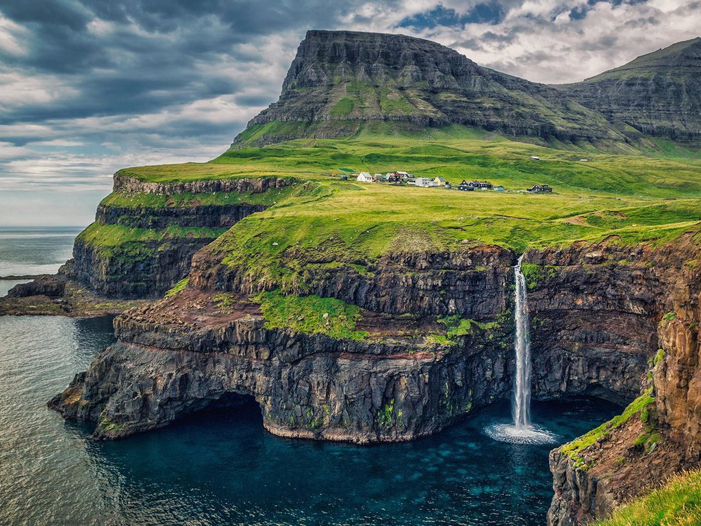 Обои скалы, природа, море, водопад, фарерские острова, дания, паксмурно, rocks, nature, sea, waterfall, faroe islands, denmark, pasmurno разрешение 1920x1080 Загрузить