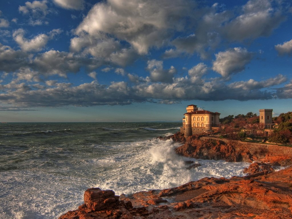 Обои небо, облака, берег, море, замок, побережье, италия, boccale castle livorno, the sky, clouds, shore, sea, castle, coast, italy разрешение 3072x1841 Загрузить