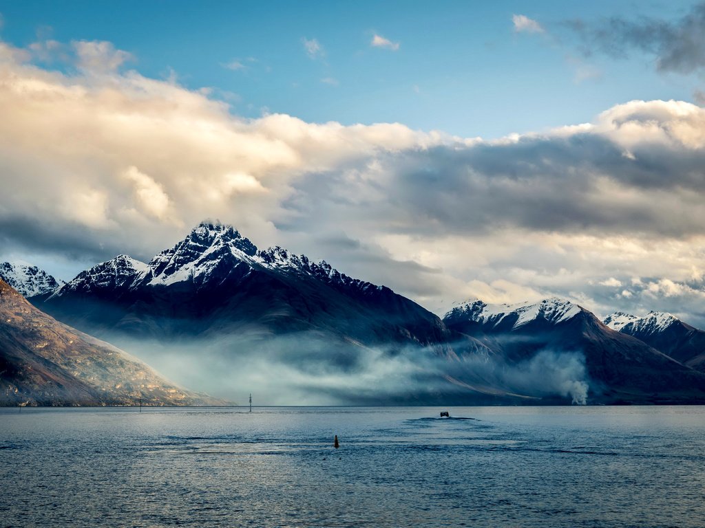 Обои небо, облака, горы, море, новая зеландия, the sky, clouds, mountains, sea, new zealand разрешение 2700x1800 Загрузить