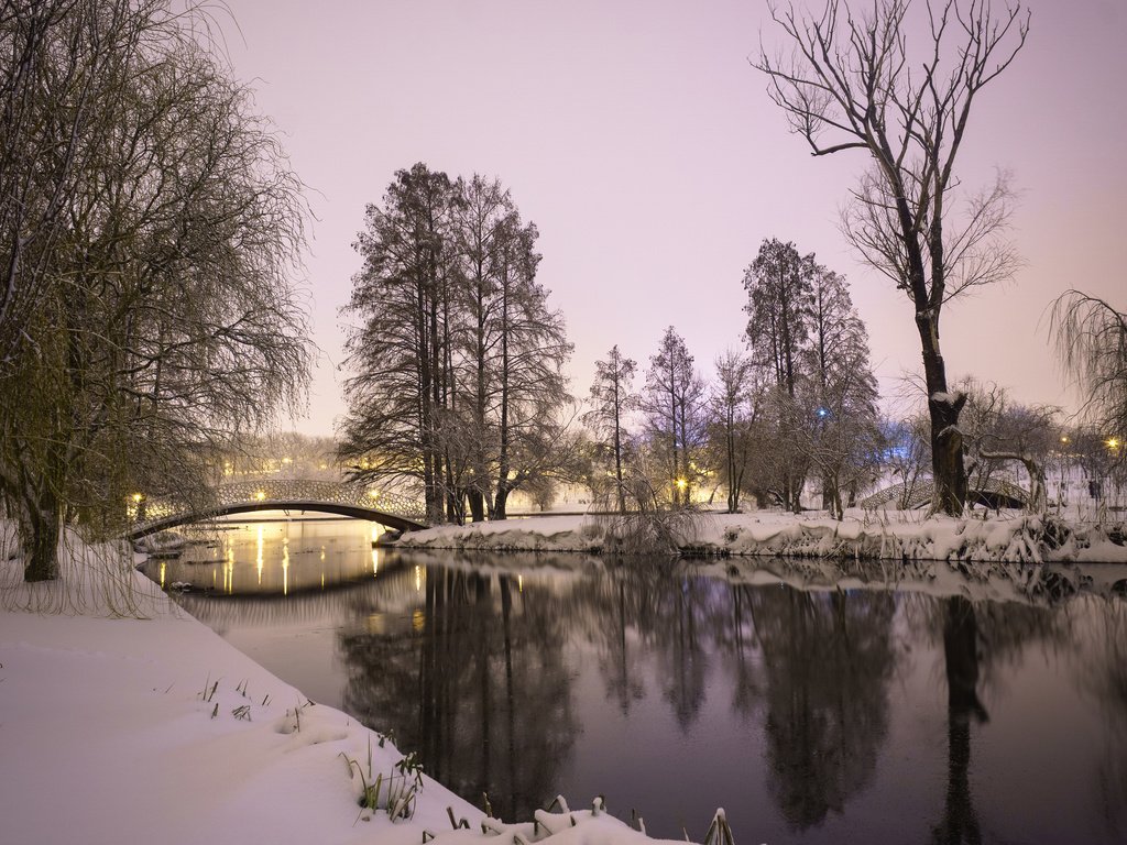 Обои река, природа, зима, пейзаж, парк, мост, river, nature, winter, landscape, park, bridge разрешение 3840x2400 Загрузить