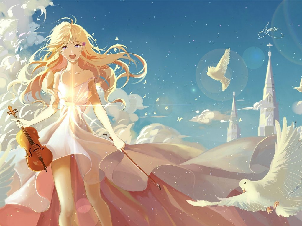 Обои арт, девушка, аниме, голуби, shigatsu wa kimi no uso, твоя апрельская ложь, art, girl, anime, pigeons, your april lie разрешение 2500x1499 Загрузить