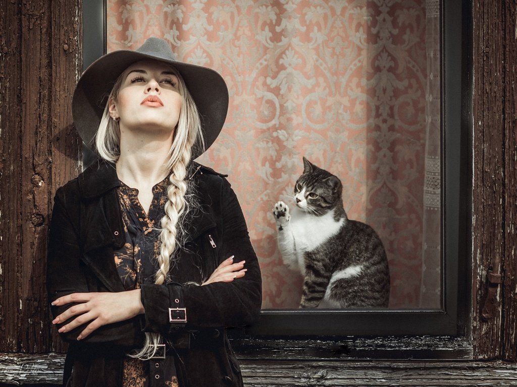 Обои девушка, поза, блондинка, кошка, окно, коса, шляпа, girl, pose, blonde, cat, window, braid, hat разрешение 2048x1390 Загрузить