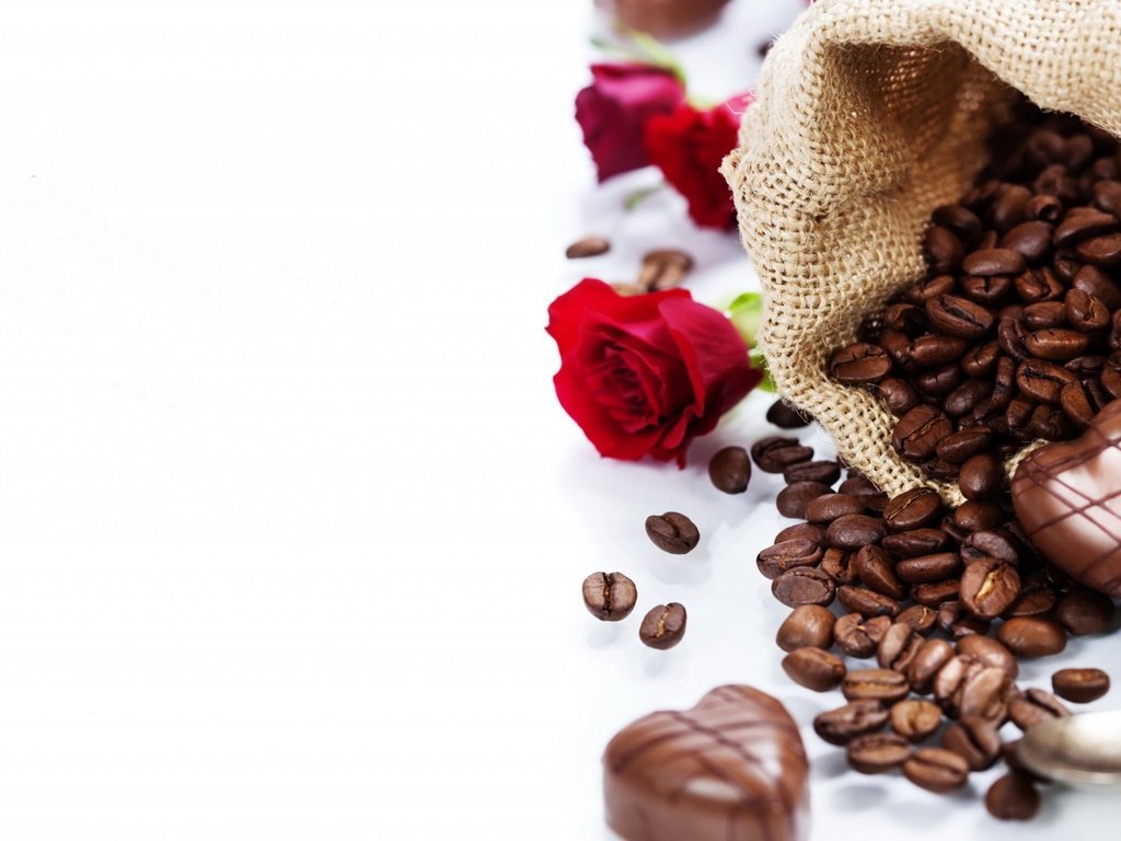 Обои розы, кофе, конфеты, шоколад, кофейные зерна, шоколадные конфеты, roses, coffee, candy, chocolate, coffee beans, chocolates разрешение 1920x1080 Загрузить