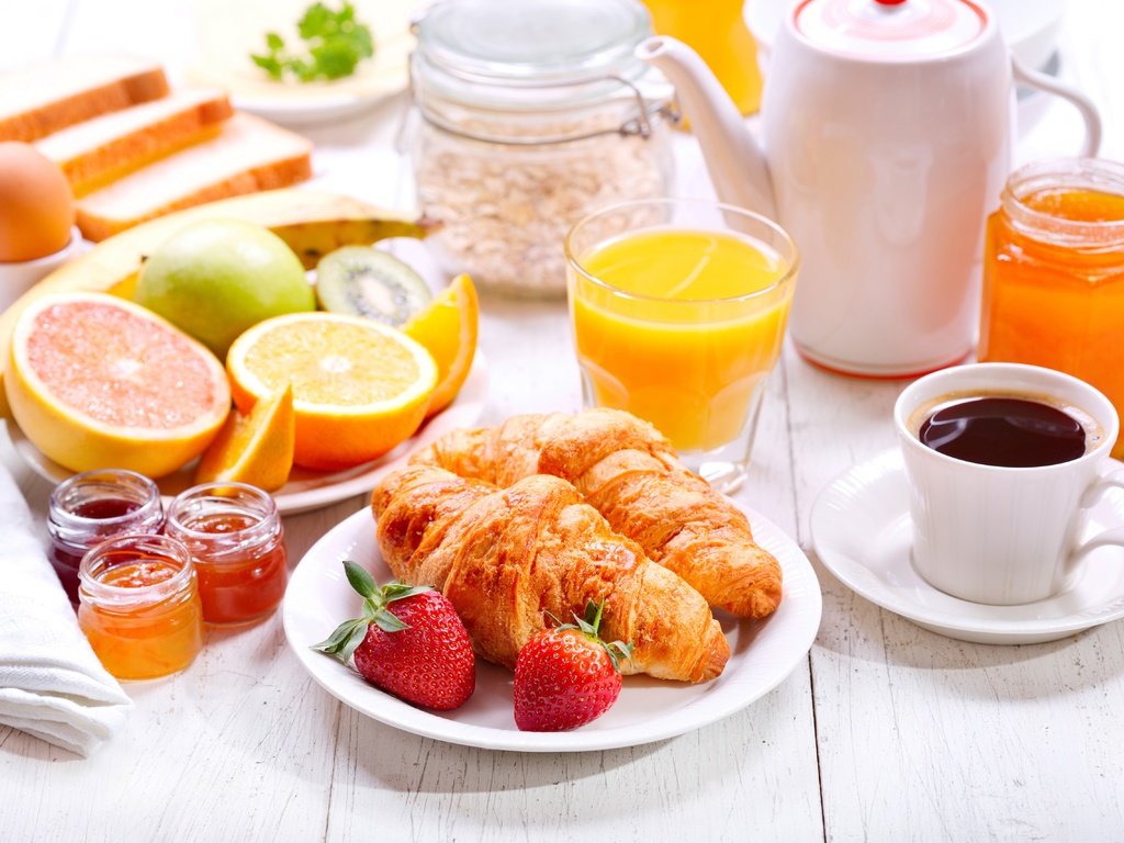 Обои фрукты, мед, апельсины, выпечка, клубника, сок, кофе, круассаны, джем, ягоды, завтрак, сладкое, fruit, honey, oranges, cakes, strawberry, juice, coffee, croissants, jam, berries, breakfast, sweet разрешение 5000x3413 Загрузить