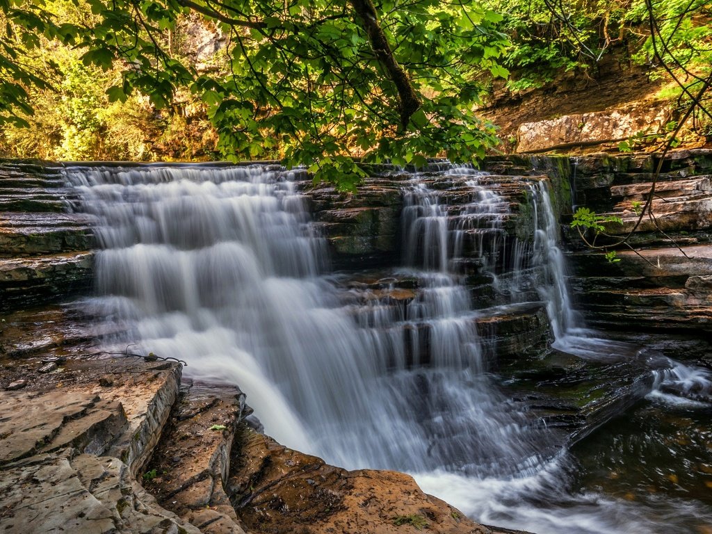 Обои деревья, скалы, лес, пейзаж, водопад, поток, англия, йоркшир, trees, rocks, forest, landscape, waterfall, stream, england, yorkshire разрешение 2048x1331 Загрузить