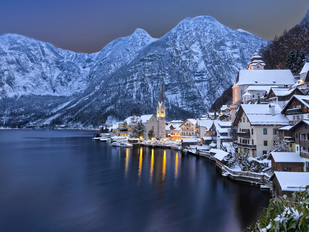 Обои озеро, горы, зима, город, австрия, альпы, хальштадт, lake, mountains, winter, the city, austria, alps, hallstadt разрешение 1920x1200 Загрузить