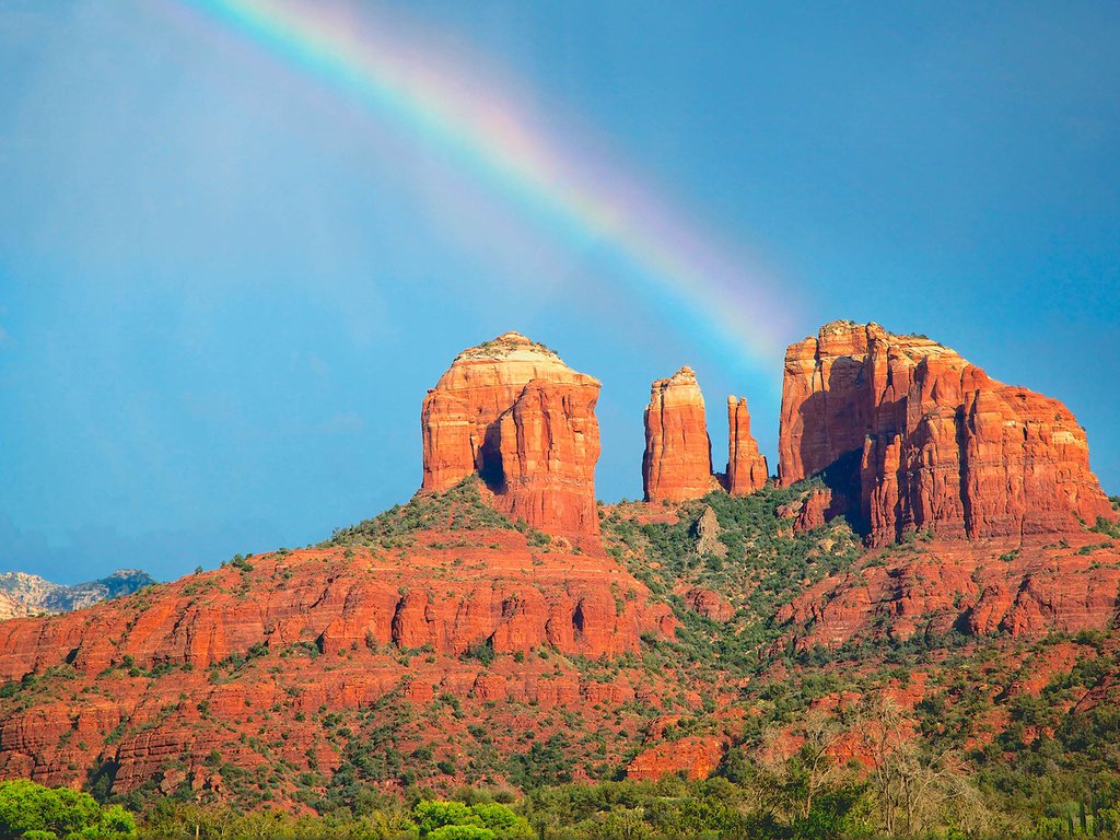 Обои небо, скалы, пейзаж, каньон, радуга, долина монументов, the sky, rocks, landscape, canyon, rainbow, monument valley разрешение 1920x1200 Загрузить