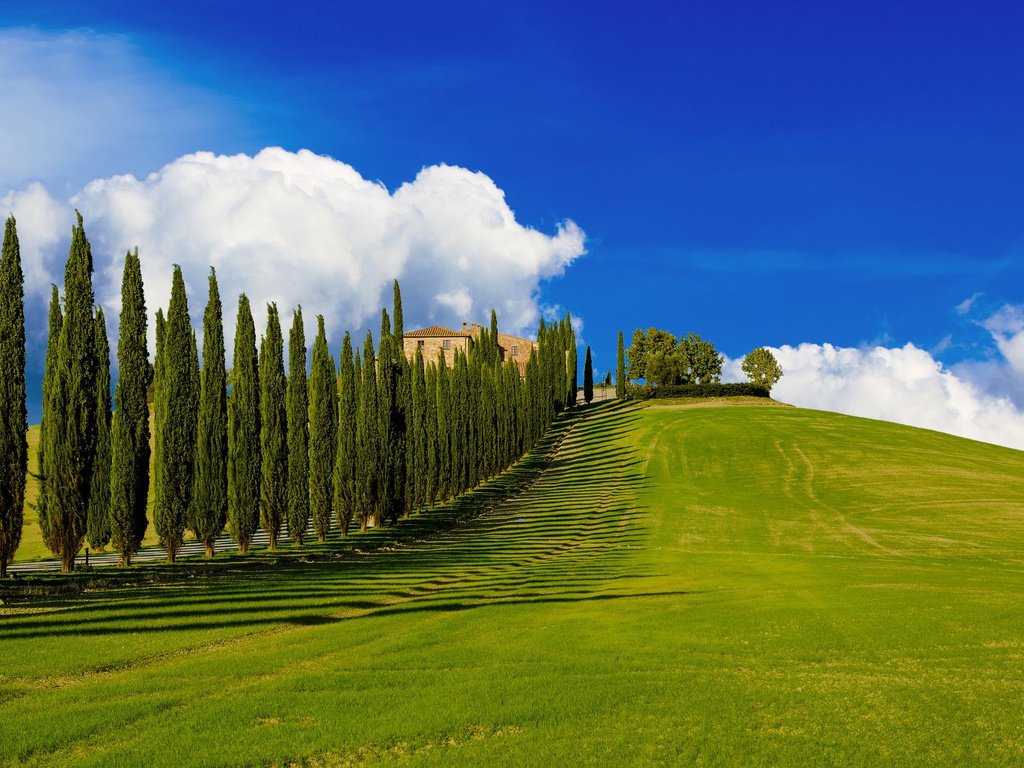 Обои холмы, пейзаж, италия, ферма, тоскана, кипарисы, hills, landscape, italy, farm, tuscany, cypress разрешение 1920x1200 Загрузить