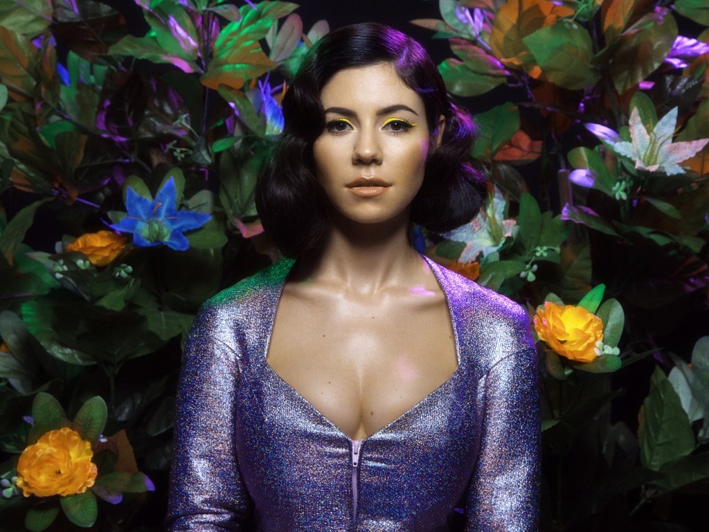 Скачать обои цветы, декольте, девушка, marina and the diamonds, марина  ламбрини диамандис разрешение 1024x768 #227645