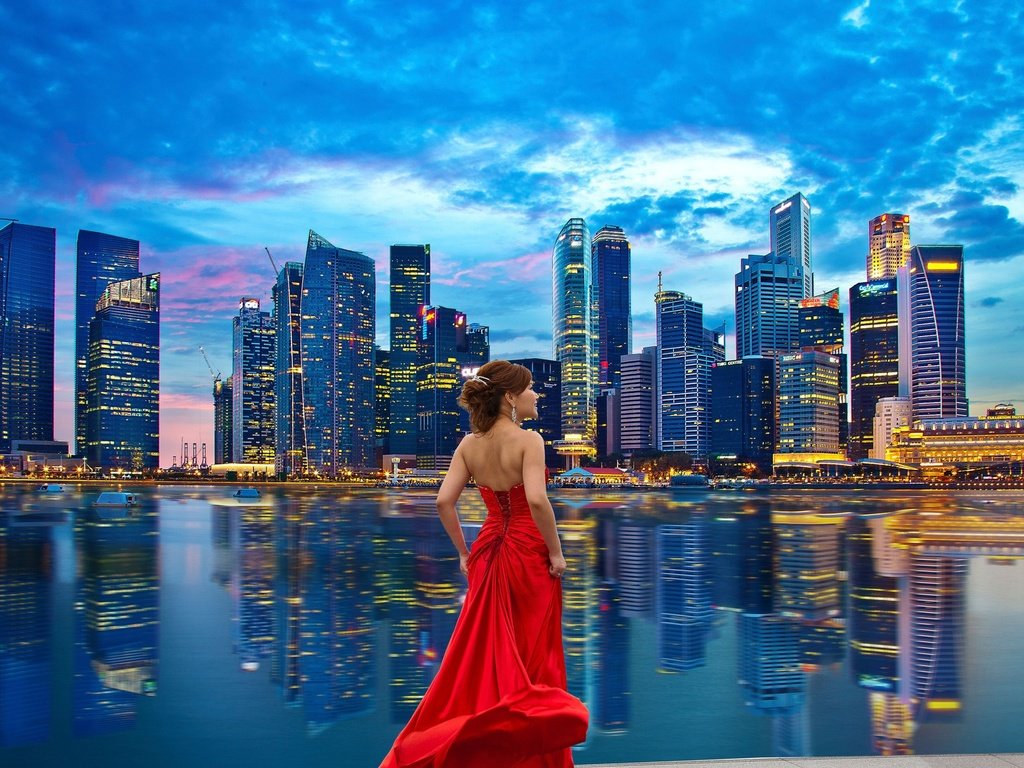 Обои девушка, отражение, город, модель, красное платье, сингапур, girl, reflection, the city, model, red dress, singapore разрешение 1920x1200 Загрузить