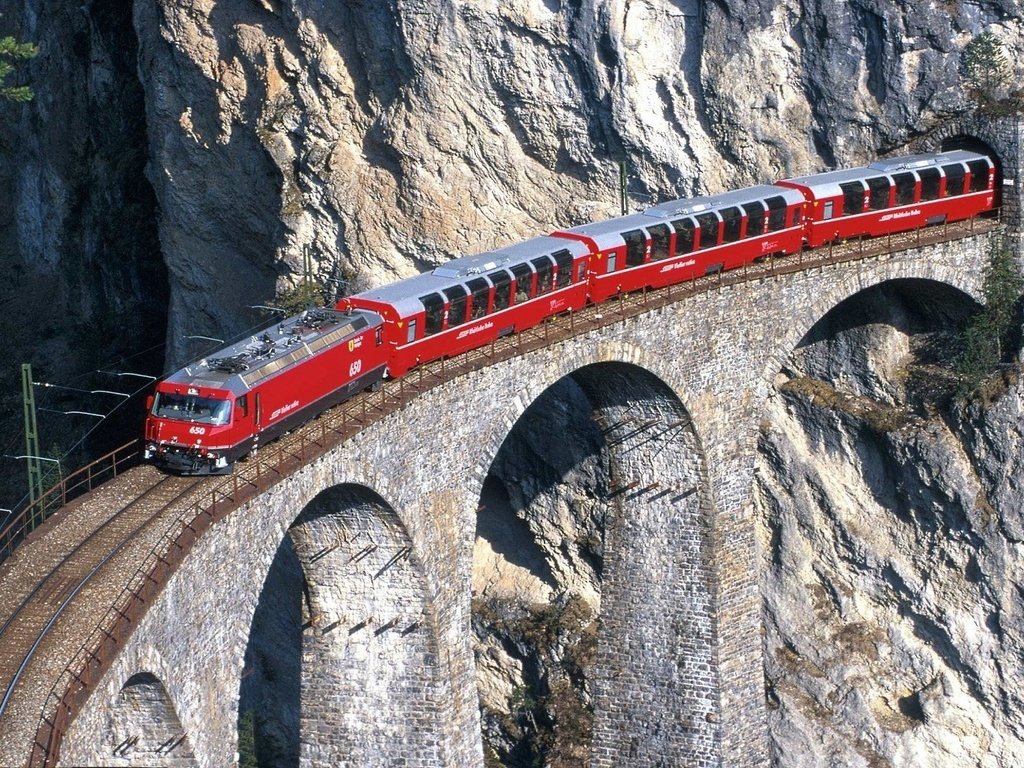 Обои горы, природа, швейцария, поезда, мосты, mountains, nature, switzerland, trains, bridges разрешение 1920x1200 Загрузить