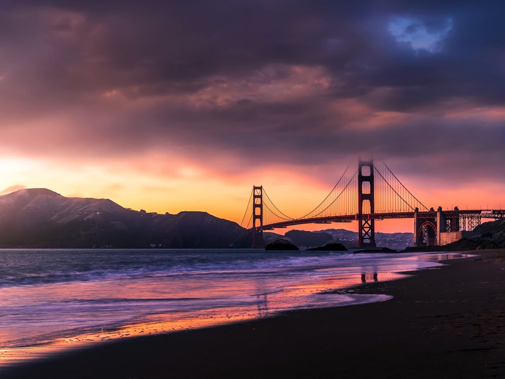 Обои закат, море, мост, сан-франциско, золотые ворота мост, sanfrancicso, sunset, sea, bridge, san francisco, golden gate bridge разрешение 3840x2561 Загрузить