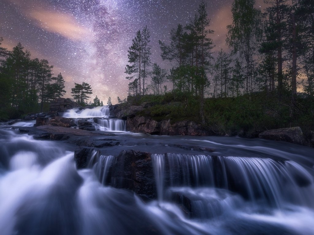 Обои небо, ночь, природа, камни, водопад, поток, the sky, night, nature, stones, waterfall, stream разрешение 1920x1080 Загрузить