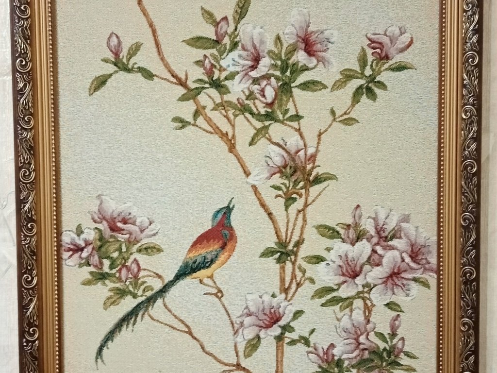 Обои картина, цветущая сакура, райская птица, гобелен, picture, cherry blossoms, bird of paradise разрешение 2000x4160 Загрузить