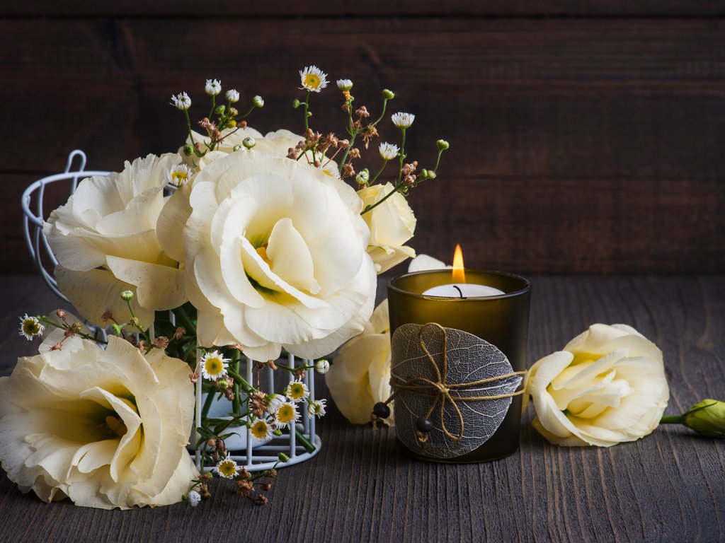 Обои цветы, букет, свеча, композиция, эустома, irina bort, лизиантус, flowers, bouquet, candle, composition, eustoma разрешение 4256x2832 Загрузить