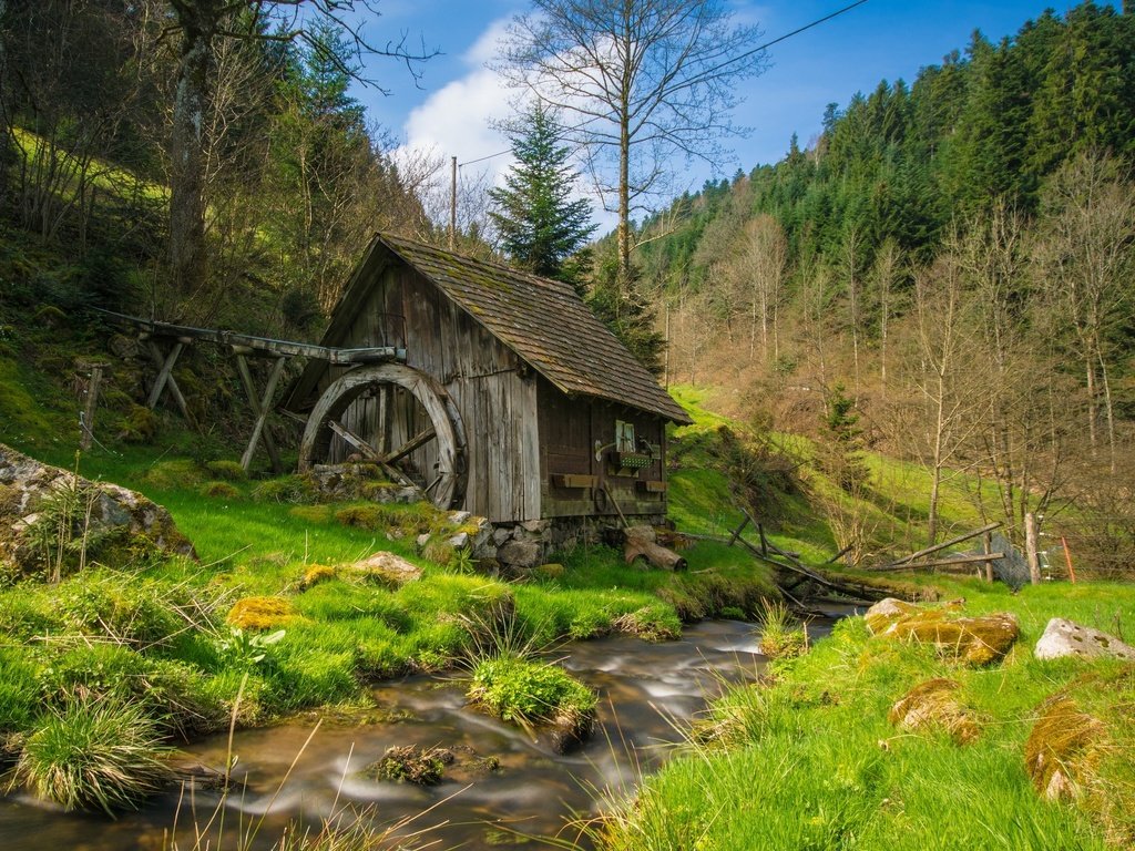 Обои трава, природа, ручей, мельница, водяная мельница, grass, nature, stream, mill, water mill разрешение 3000x2000 Загрузить