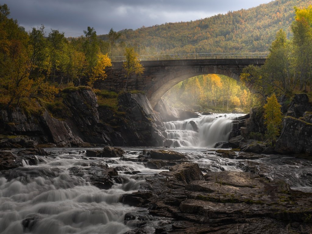 Обои деревья, река, лес, мост, водопад, осень, каскад, trees, river, forest, bridge, waterfall, autumn, cascade разрешение 6144x4098 Загрузить