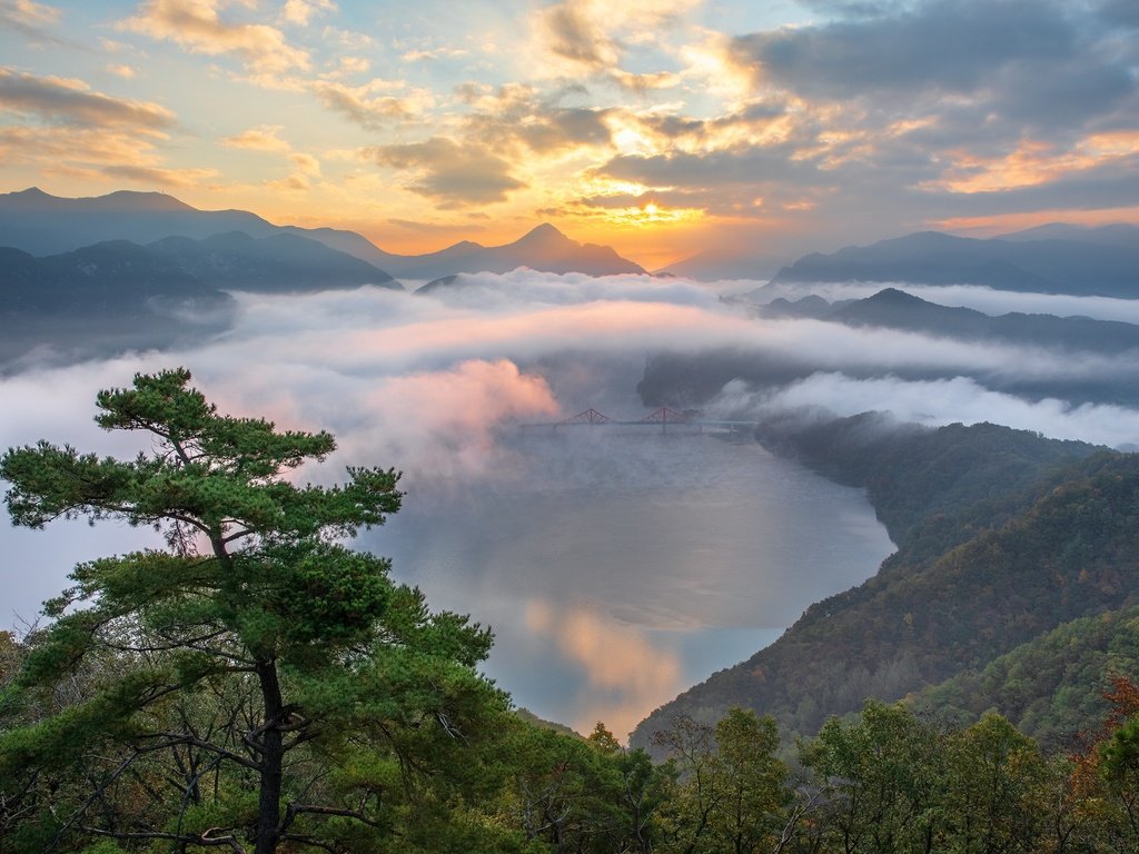 Обои облака, южная корея, река, горы, природа, дерево, пейзаж, мост, леса, clouds, south korea, river, mountains, nature, tree, landscape, bridge, forest разрешение 2000x1334 Загрузить