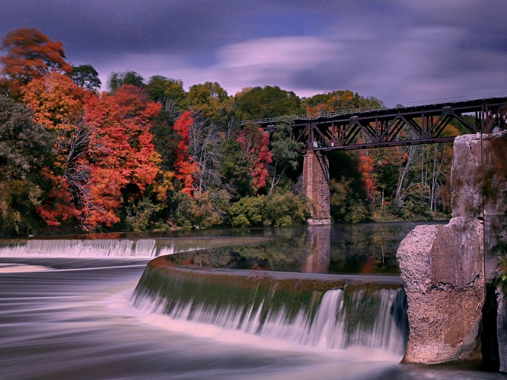 Обои река, мост, осень, канада, river, bridge, autumn, canada разрешение 3218x2256 Загрузить