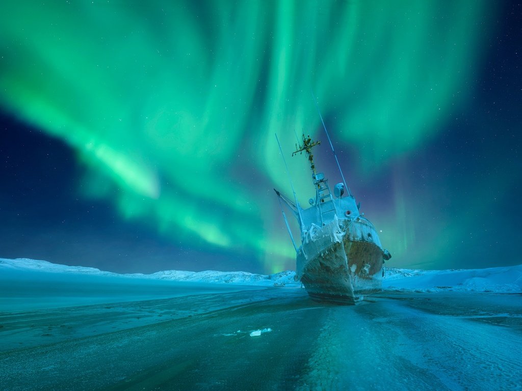 Обои зима, мороз, корабль, северное сияние, россия, мурманская область, winter, frost, ship, northern lights, russia, murmansk oblast разрешение 2956x1950 Загрузить