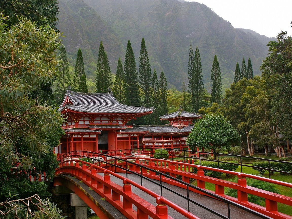 Обои деревья, мост, пагода, япония, trees, bridge, pagoda, japan разрешение 1920x1200 Загрузить