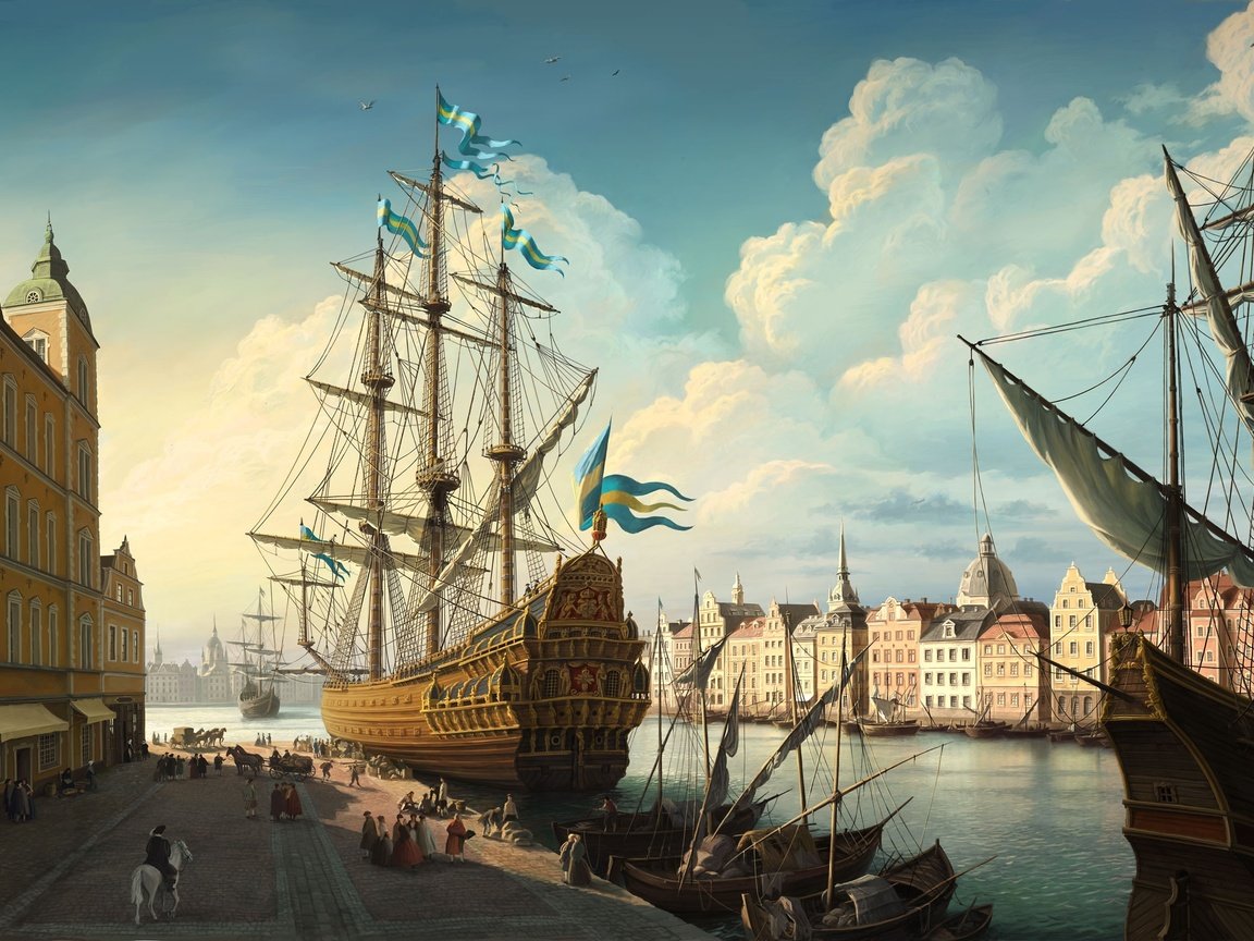 Обои рисунок, облака, река, корабль, парусник, figure, clouds, river, ship, sailboat разрешение 3000x1709 Загрузить