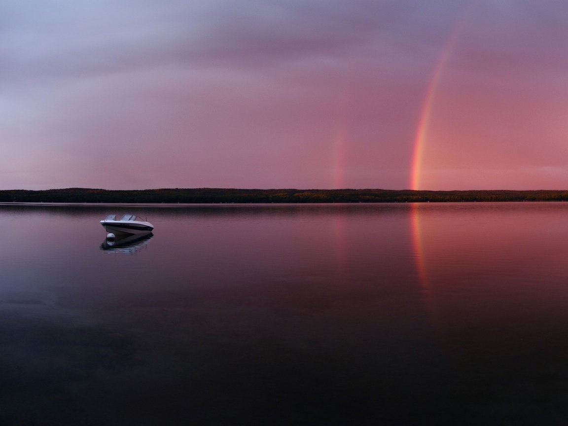 Обои вечер, озеро, радуга, лодка, the evening, lake, rainbow, boat разрешение 2560x1600 Загрузить