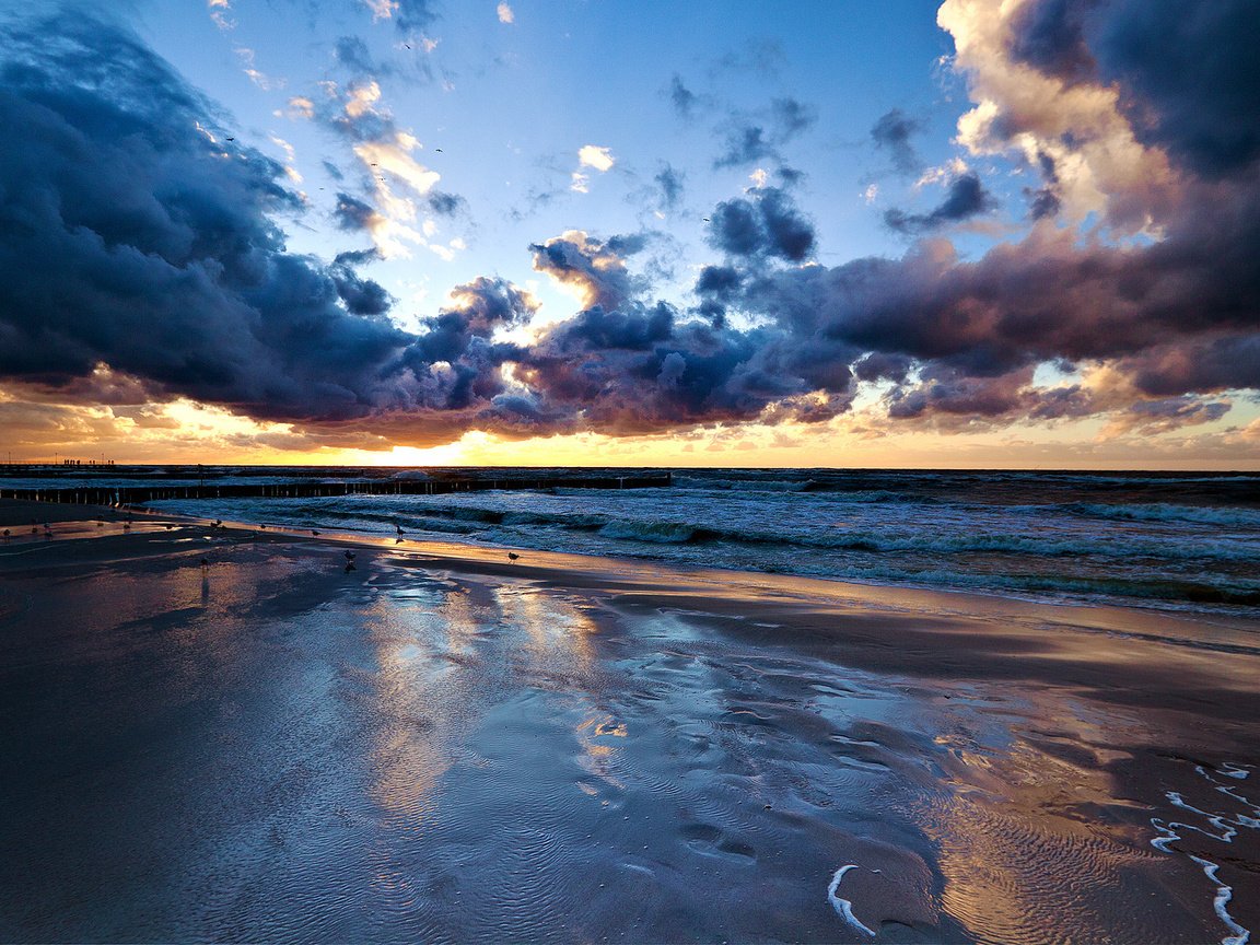 Обои облака, закат, море, пляж, причал, clouds, sunset, sea, beach, pier разрешение 1920x1200 Загрузить