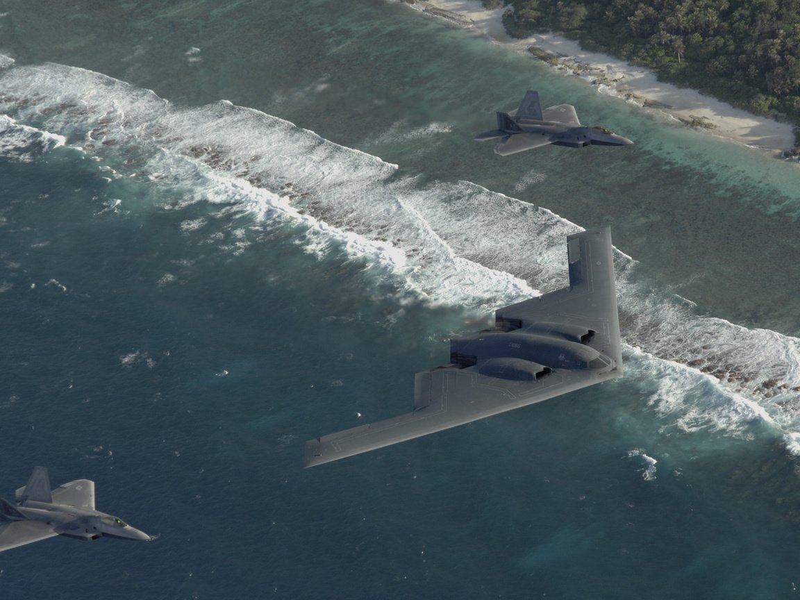 Обои two f22, b-2, pacific ocean разрешение 2700x1665 Загрузить