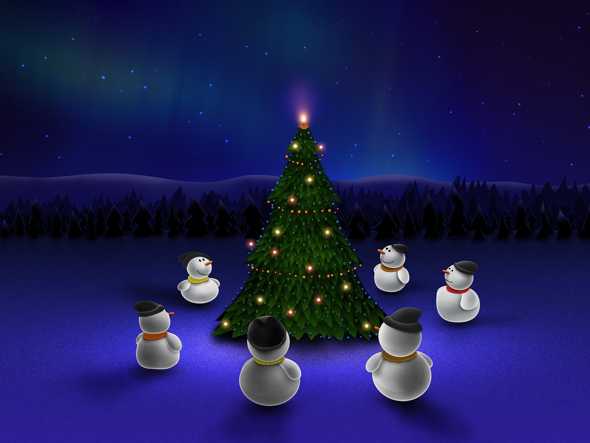 Обои ночь, новый год, елка, синий, снеговики, night, new year, tree, blue, snowmen разрешение 2560x1600 Загрузить