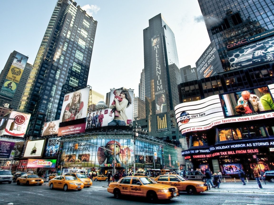 Обои дорога, небоскребы, нью-йорк, такси, реклама, road, skyscrapers, new york, taxi, advertising разрешение 2560x1600 Загрузить