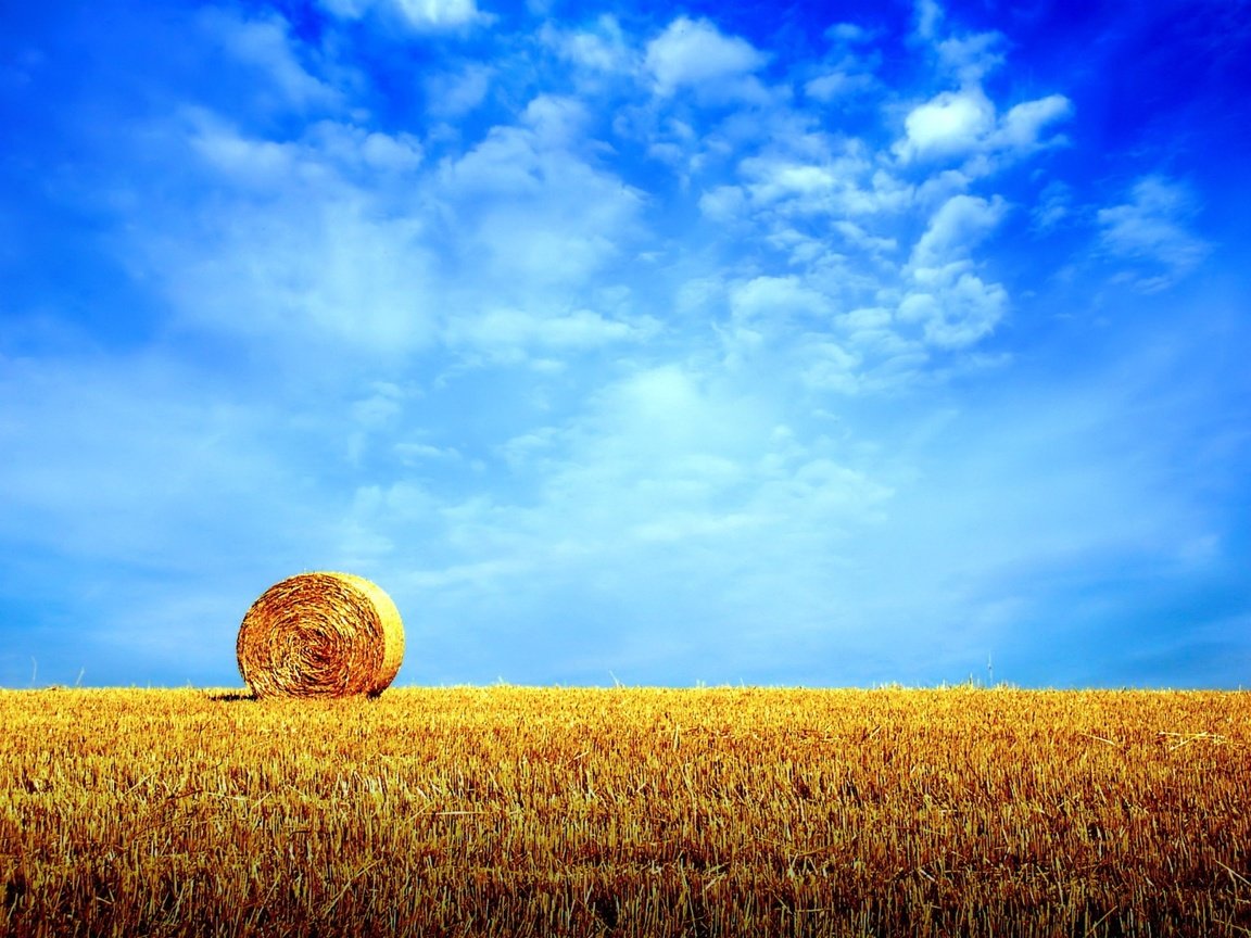 Обои небо, облака, поле, горизонт, сено, стог, the sky, clouds, field, horizon, hay, stack разрешение 1920x1440 Загрузить