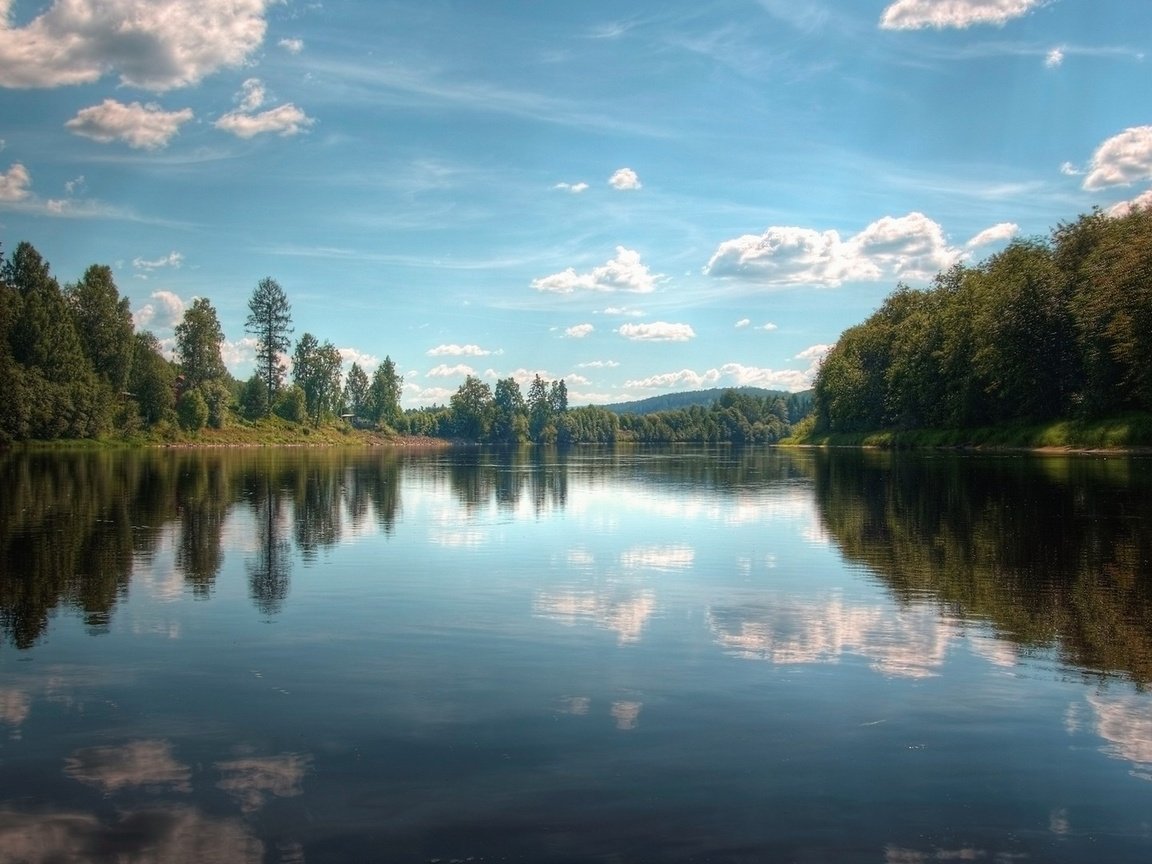 Обои небо, лето, облака, деревья, озеро, река, природа, отражение, пейзаж, the sky, summer, clouds, trees, lake, river, nature, reflection, landscape разрешение 1920x1080 Загрузить