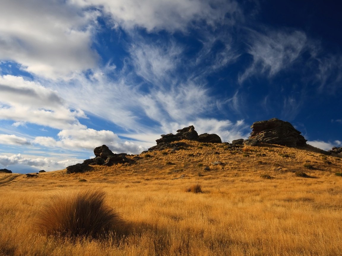 Обои небо, холмы, природа, камни, растения, пейзаж, поле, травы, the sky, hills, nature, stones, plants, landscape, field, grass разрешение 1920x1200 Загрузить