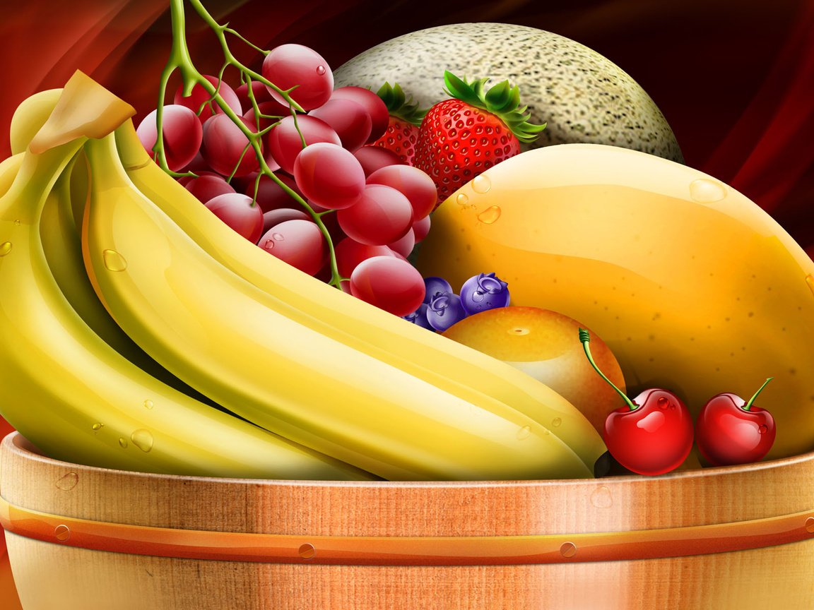 Обои виноград, фрукты, клубника, ягоды, черника, бананы, дыня, grapes, fruit, strawberry, berries, blueberries, bananas, melon разрешение 1920x1200 Загрузить