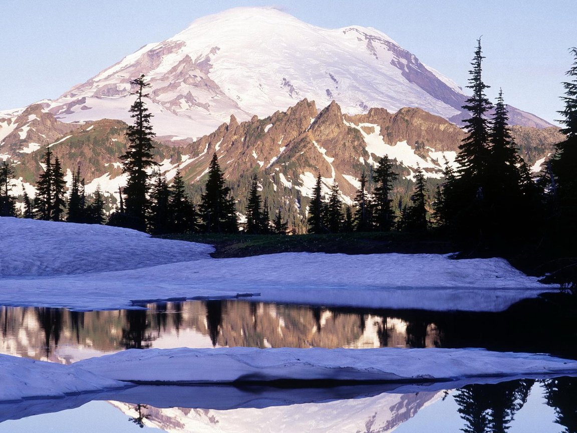 Обои деревья, озеро, горы, снег, вашингтон, тень, вершина, trees, lake, mountains, snow, washington, shadow, top разрешение 1920x1080 Загрузить