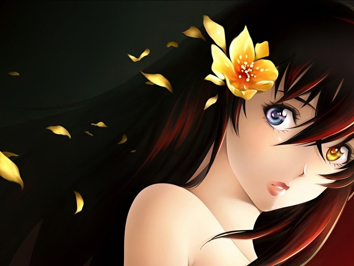 Обои девушка, цветок, портрет, взгляд, аниме, волосы, лицо, girl, flower, portrait, look, anime, hair, face разрешение 1920x1080 Загрузить
