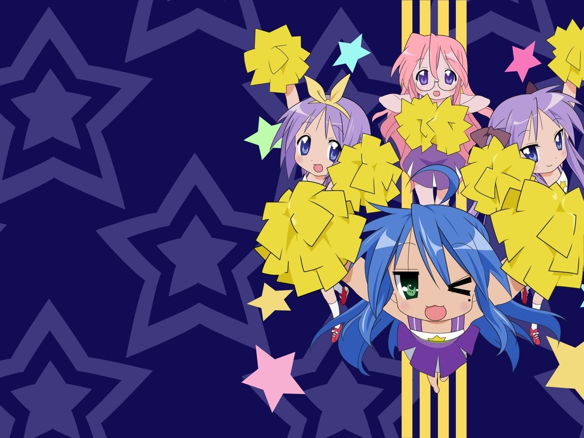 Обои lucky star, болельщица, izumi konata, hiiragi tsukasa, hiiragi kagami, takara miyuki, cheerleader разрешение 1920x1200 Загрузить