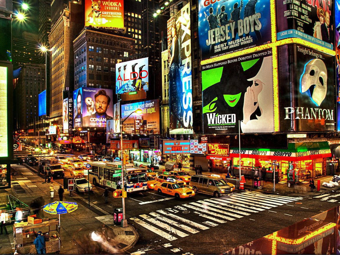 Обои ночь, фонари, город, сша, нью-йорк, магазины, бродвей, таймс сквер, night, lights, the city, usa, new york, stores, broadway, times square разрешение 4288x2848 Загрузить