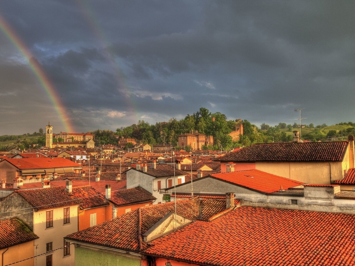 Обои радуга, здания, крыши, rainbow, building, roof разрешение 3629x2412 Загрузить