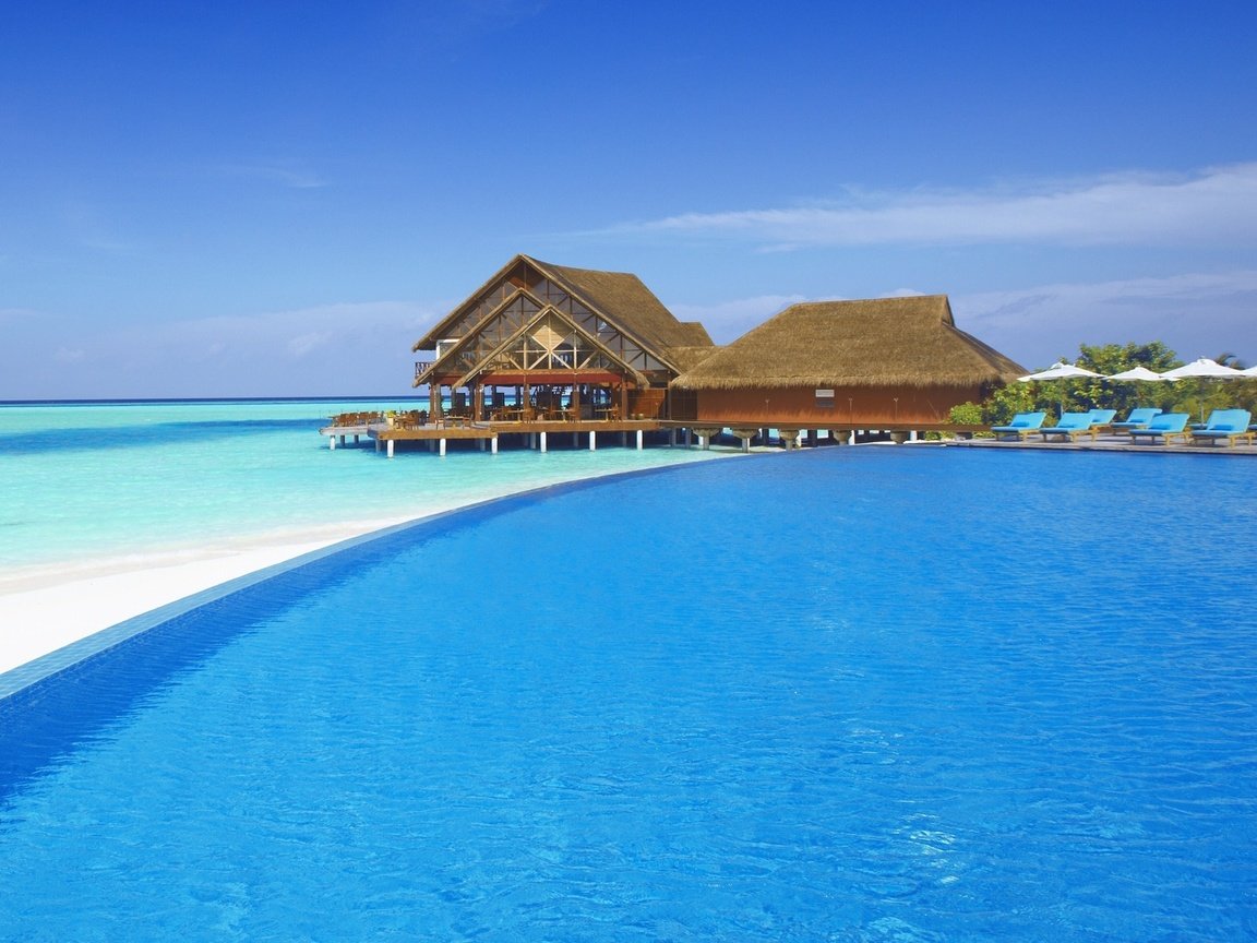 Обои пляж, бунгало, тропики, мальдивы, beach, bungalow, tropics, the maldives разрешение 1920x1080 Загрузить