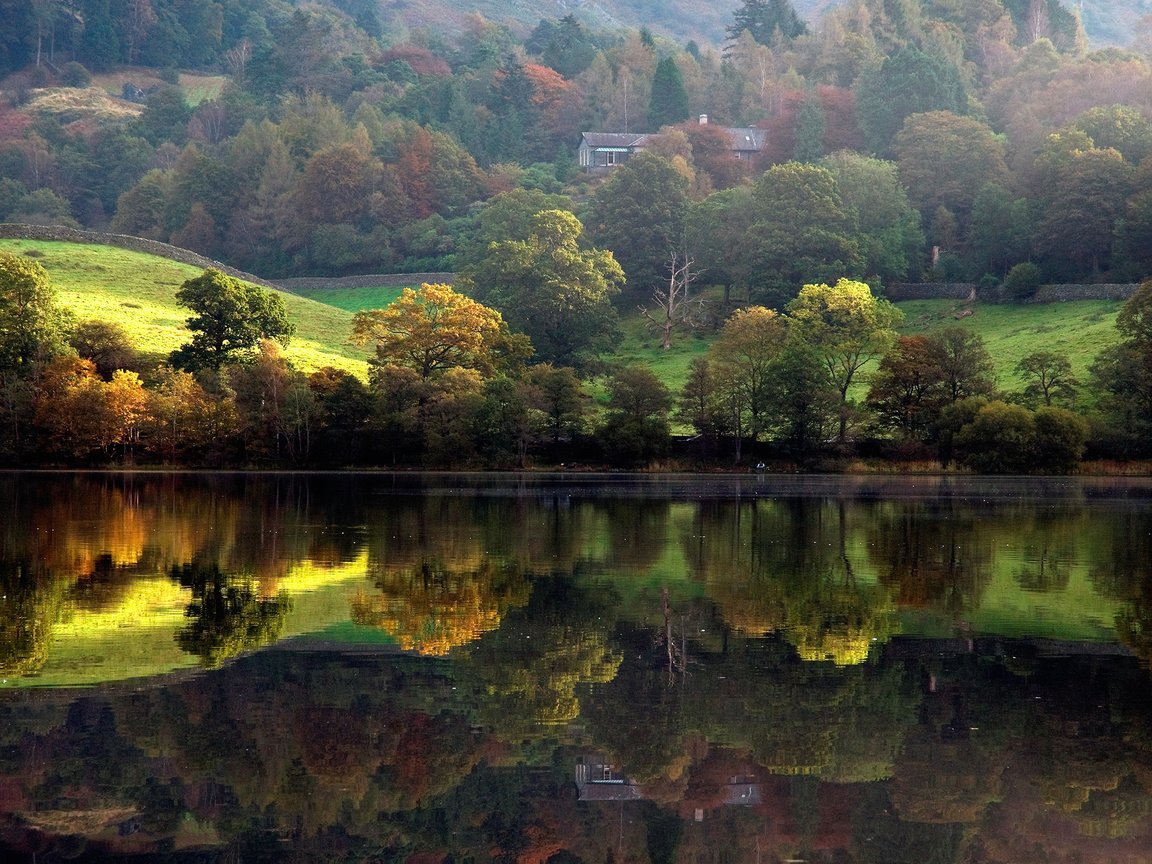 Обои деревья, река, природа, берег, лес, отражение, осень, домик, trees, river, nature, shore, forest, reflection, autumn, house разрешение 2560x1600 Загрузить