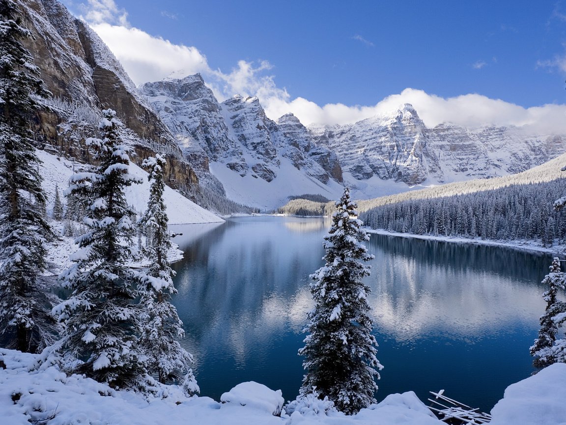 Обои озеро, горы, зима, канада, альберта, озеро морейн, lake, mountains, winter, canada, albert, moraine lake разрешение 1920x1200 Загрузить