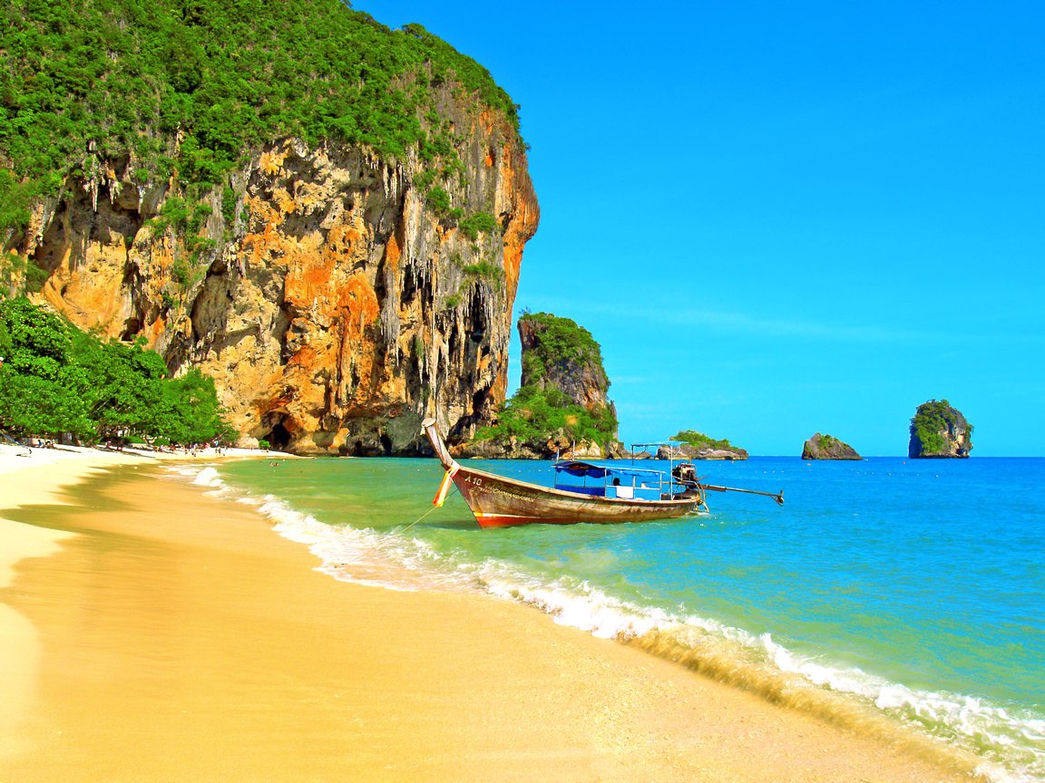 Обои море, скала, пляж, лодка, таиланд, тропики, sea, rock, beach, boat, thailand, tropics разрешение 3065x2299 Загрузить