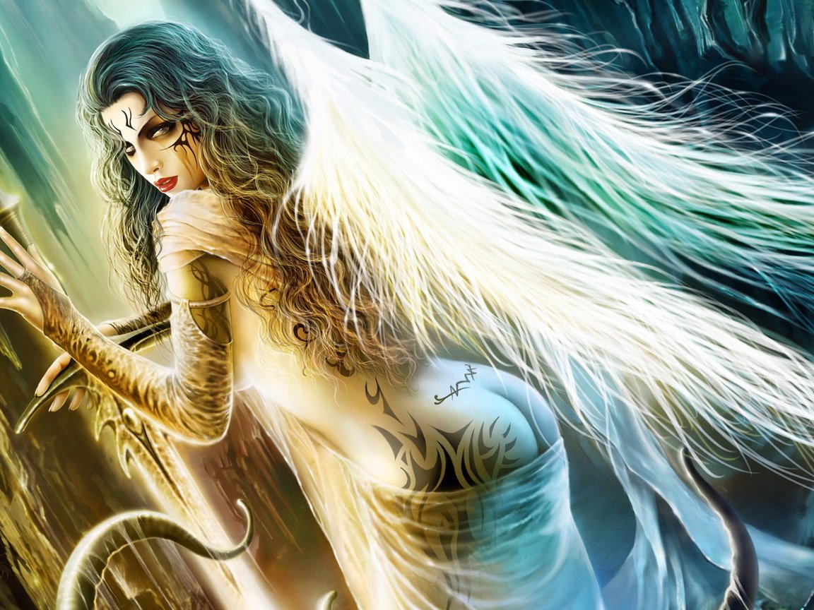 Обои девушка, фэнтези, крылья, ангел, тату, girl, fantasy, wings, angel, tattoo разрешение 1920x1200 Загрузить