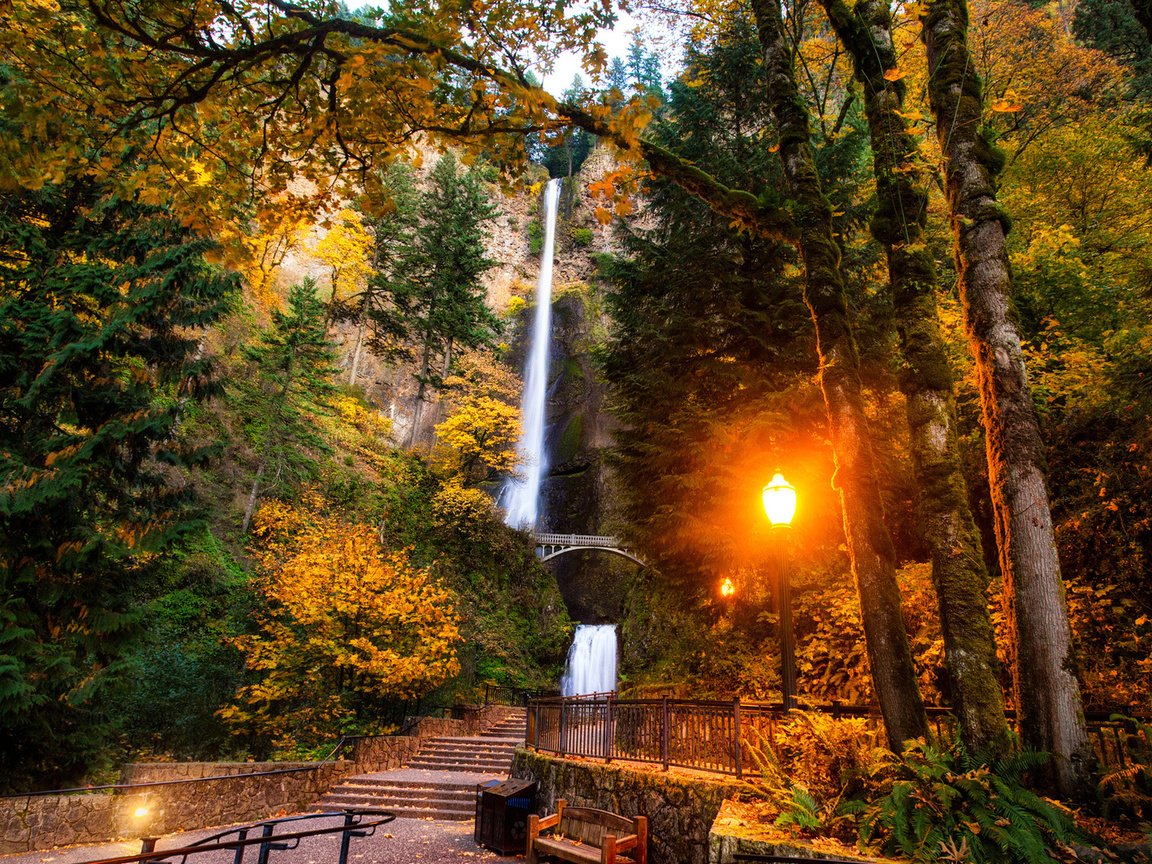 Обои пейзаж, парк, ущелье реки колумбия, штат орегон, multnomah falls, малтнома-фолс, водопад мультномах, landscape, park, the columbia river gorge, oregon разрешение 1920x1080 Загрузить