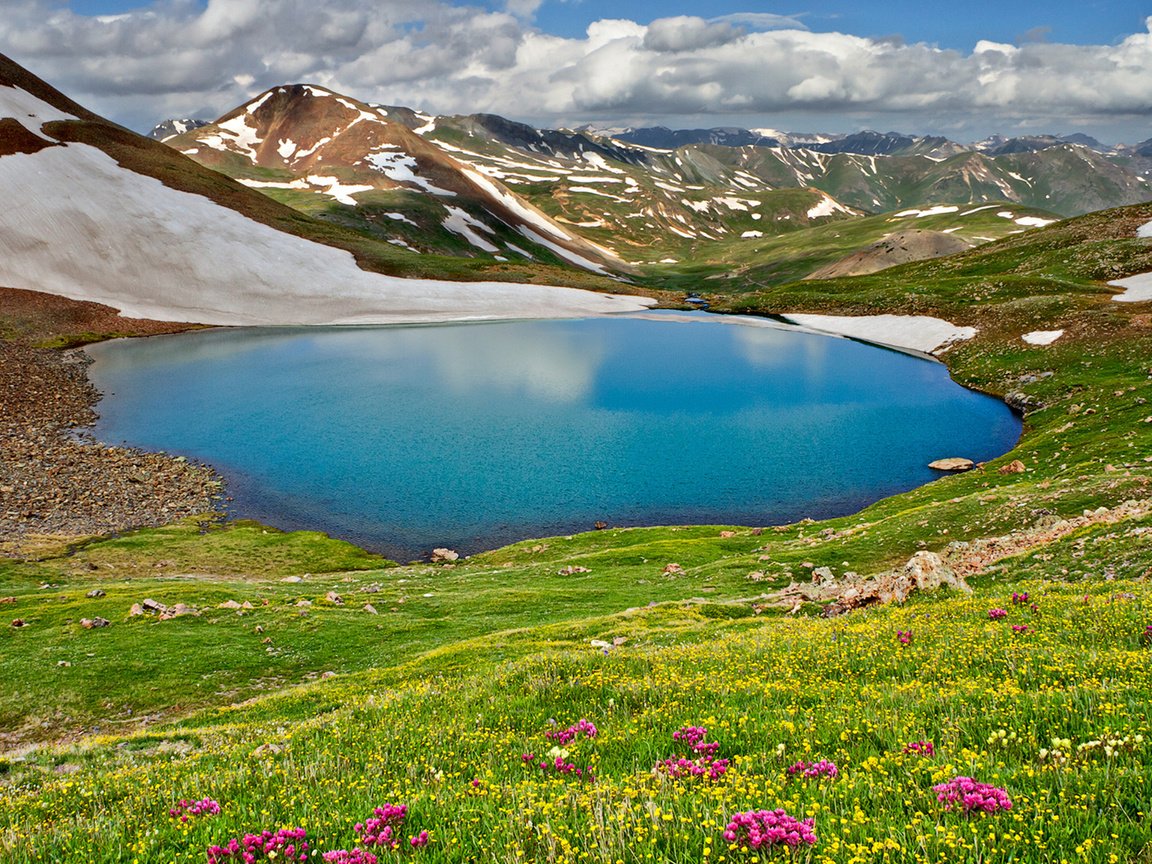 Обои небо, трава, облака, озеро, горы, природа, пейзаж, весна, the sky, grass, clouds, lake, mountains, nature, landscape, spring разрешение 1920x1080 Загрузить